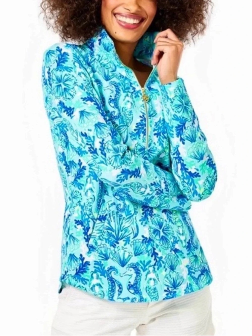 Lilly Pulitzer Sea Glass Aqua Blue Seeing Double Popover UPF 50+ NWT size L